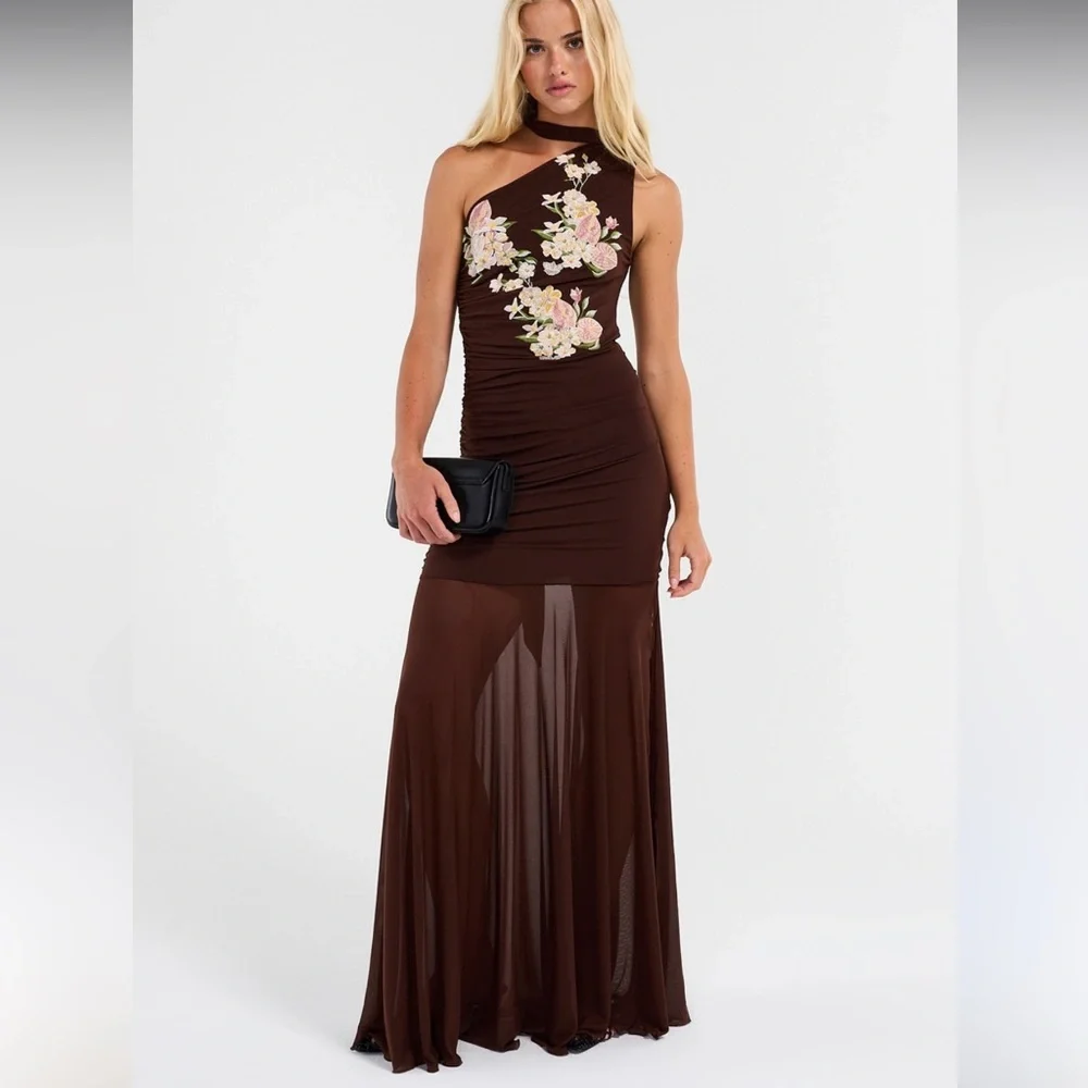 Anthropologie SAEMDI chocolate brown embroidered floral w neck scarf maxi large - Picture 9 of 16